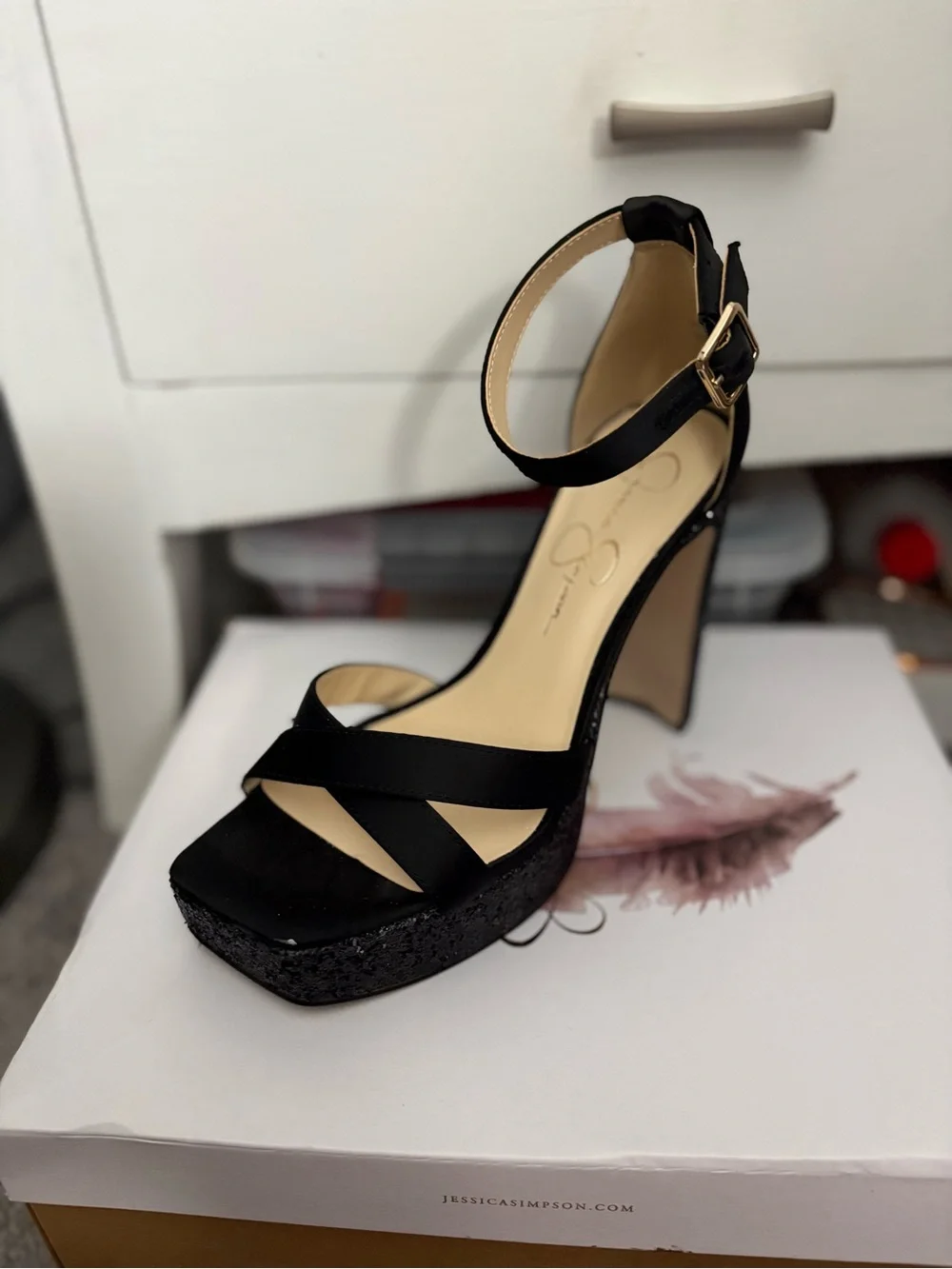 Jessica Simpson Black Satin Platform Ankle-Strap Heels